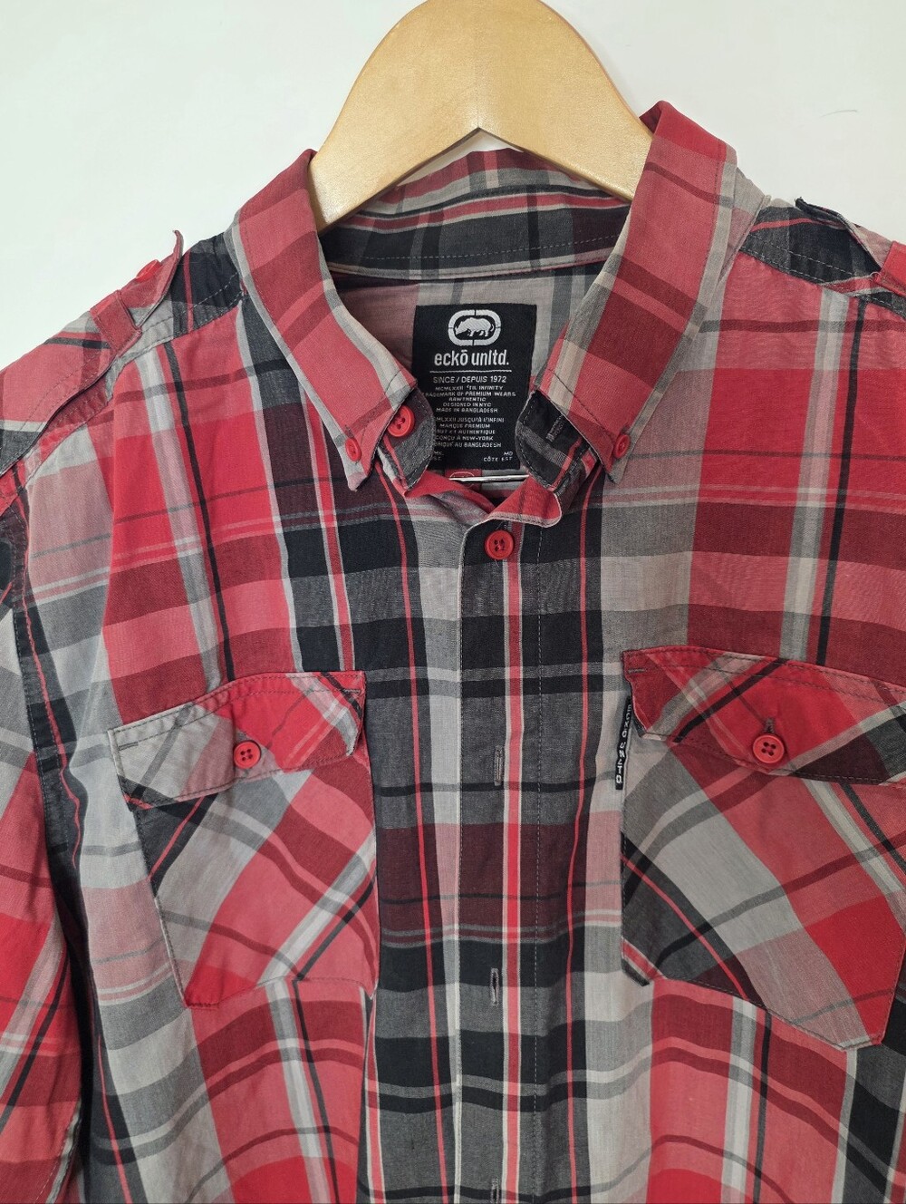 ecko unltd Red And Grey Plaid Button-Up Shirt - SZ L